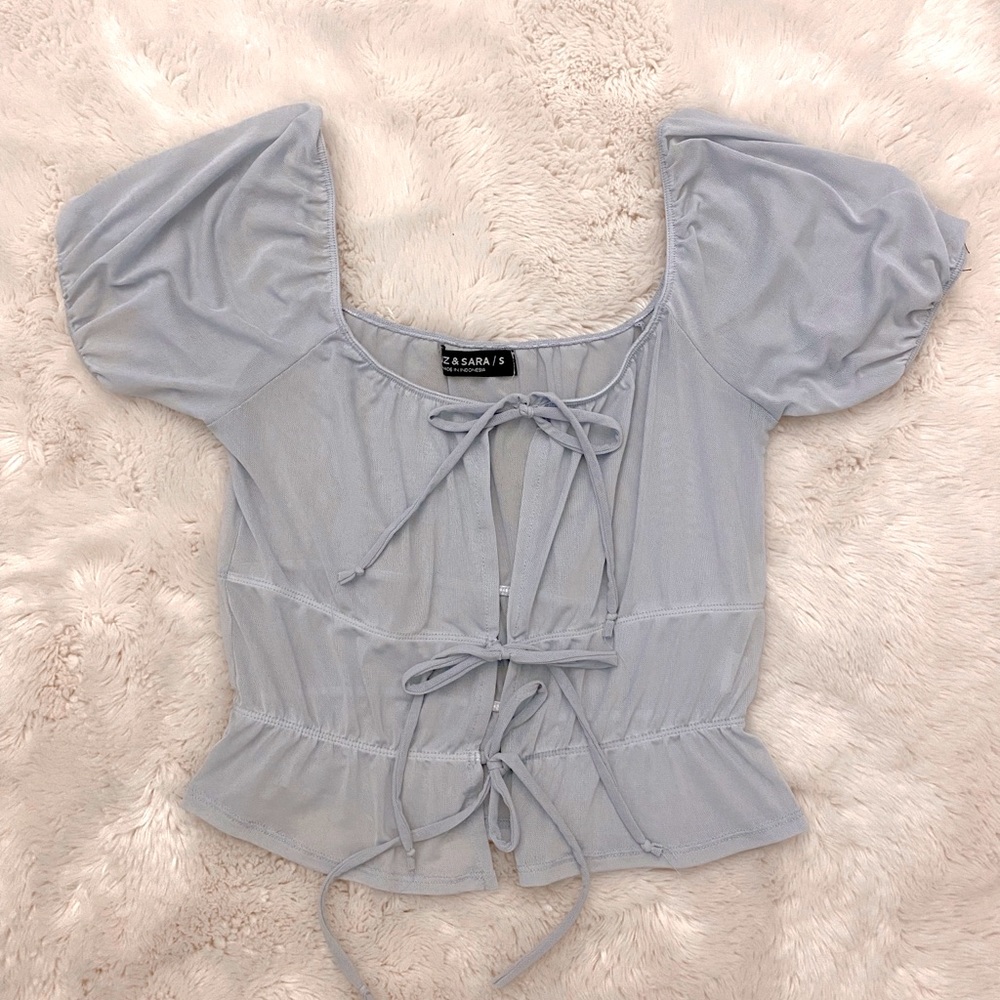 blue sheer tie front top